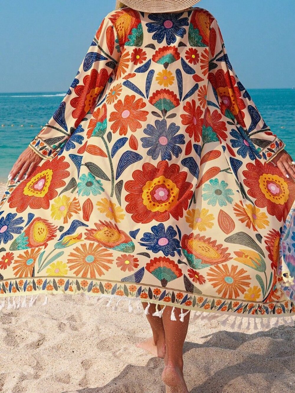 Multicolor Women's Floral Print Kimono Cover Up With Detachable Belt - Picture 2 of 5
